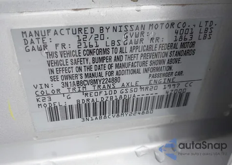 2021 Nissan Sentra Sv Xtronic Cvt из США, поврежденный, VIN 3N1AB8CV8MY224880